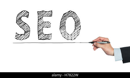 Geschrieben von Hand, Hand auf transparente Board schreiben SEO Foto Stockfoto