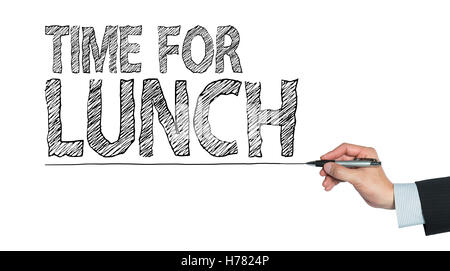 Zeit für das Mittagessen von hand geschrieben, hand auf transparente Board schreiben, Foto Stockfoto