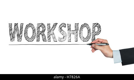 Werkstatt von hand geschrieben, Handschrift auf transparente Board, Foto Stockfoto