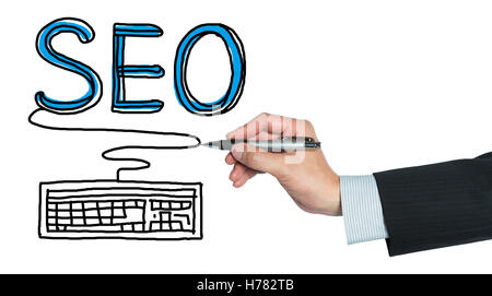 Suchmaschinen-Optimierung und eine Tastatur von hand gezeichnet, isolierten weißen Hintergrund Stockfoto
