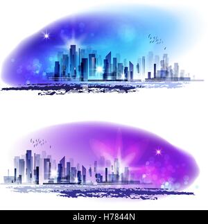 Stadtbild Vektor Hintergrund. Hintergrundbilder Skyline mit Wolkenkratzern in Sonnenauf- oder Sonnenuntergang. EPS10 Vektor-Illustration. Stock Vektor