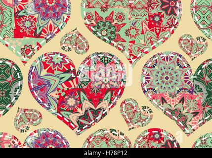 Valentinstag-Musterdesign mit Pastell Patchwork Herzen. Stock Vektor