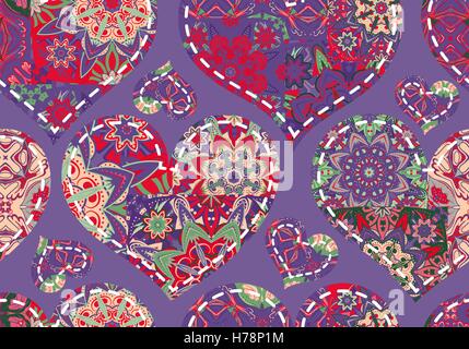 Valentinstag-Musterdesign mit Pastell Patchwork Herzen auf violettem Hintergrund. Stock Vektor
