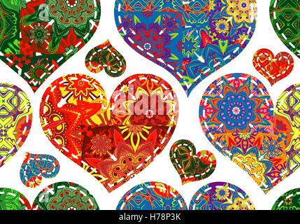 Patchwork-Herzen. Nahtlose Muster. Scrapbooking-Serie. Vektor-Hintergrund. Stock Vektor