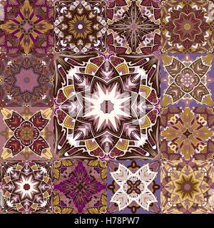 Nahtloser Vektor Patchwork Kachel mit viktorianischen in bunte Motive.  Hintergrund set mit blau gelb pink Ornament im arabischen Stil. Stock Vektor