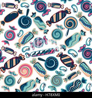 Niedliche nahtlose Muster mit bunten Süßigkeiten. Nahtlose verschiedene Süßigkeiten Muster. Verschiedene Süßigkeiten Hintergrund. Stock Vektor
