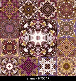 Nahtloser Vektor Patchwork Kachel mit viktorianischen in bunte Motive.  Hintergrund set mit blau gelb pink Ornament im arabischen Stil. Stock Vektor