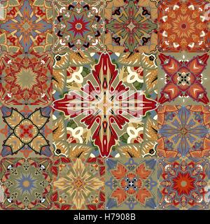 Vektor nahtlose Patchwork Hintergrund aus bunten orientalischen Ornamenten, Polka Dot Muster, Rosette aus stilisierten Blüten und Blättern. Geometrischen dekorativen Textildruck Stock Vektor