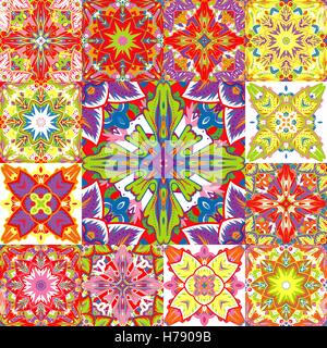 Satz von nahtlosen Patchwork Muster aus bunten marokkanisch, portugiesischen Kacheln, Azulejo, Ornamente. Einsetzbar für Tapete, Musterfüllungen, Web-Seitenhintergrund, Oberflächenstrukturen. Stock Vektor