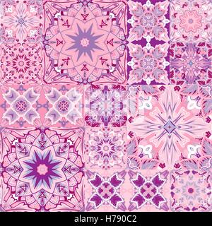 Satz von nahtlosen Patchwork Muster aus bunten marokkanisch, portugiesischen Kacheln, Azulejo, Ornamente. Einsetzbar für Tapete, Musterfüllungen, Web-Seitenhintergrund, Oberflächenstrukturen. Stock Vektor