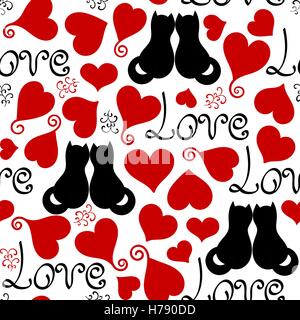 Grunge Vektor Musterdesign mit handgemalten Herzen, Beschriftung und Katzen. Textur für Web, Print, Geschenkpapier Valentinstag, Hochzeit Einladung Karte Hintergrund, Textil, Stoff, Wohnkultur, romantisches Geschenkpapier Stock Vektor