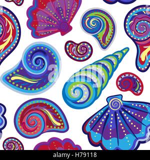 Nahtloses Muster von Hand gezeichnet, Muscheln. Vektor-Sommer Kinder Doodle Hintergrund. Stock Vektor