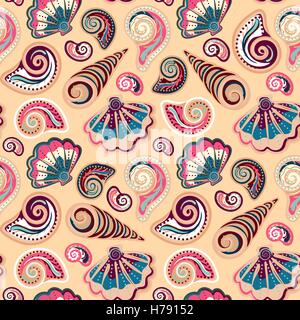 Nahtlose Muster mit Muscheln. Sommer Vector farbigen Hintergrund. Hand zu ziehen bunte Meer Muscheln Kulisse. Stock Vektor