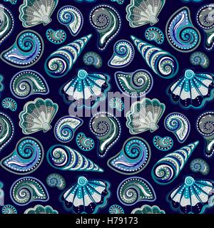 Meer Musterdesign. Original hand gezeichnete Abbildung im Vintage-Stil. Strand Muschel Muster. Nahtlose Muster mit Muscheln Doodle. Stock Vektor