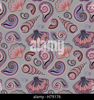 Meer Musterdesign. Original hand gezeichnete Abbildung im Vintage-Stil. Strand Muschel Muster. Nahtlose Muster mit Muscheln Doodle. Stock Vektor