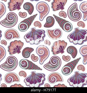 Meer Musterdesign. Original hand gezeichnete Abbildung im Vintage-Stil. Strand Muschel Muster. Nahtlose Muster mit Muscheln Doodle. Stock Vektor