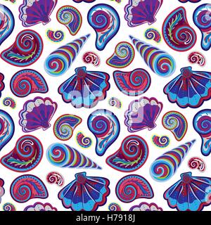 Meer Musterdesign. Original hand gezeichnete Abbildung im Vintage-Stil. Strand Muschel Muster. Nahtlose Muster mit Muscheln Doodle. Stock Vektor