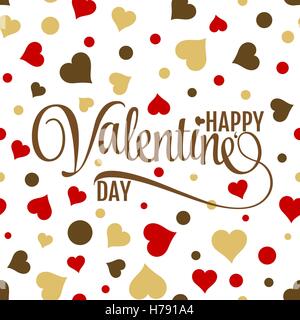 Happy Valentines Schriftzug auf nahtlose weißer Hintergrund mit goldenen und roten Herzen. Festliche Vektormuster Stock Vektor
