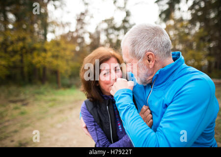 Schönes älteres paar außerhalb im sonnigen Herbst Wald laufen Stockfoto