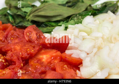 Geschälte Tomaten, gehackte Zwiebel und Knoblauch, Blätter Basilikum als Zutaten für italienische Tomatensauce Stockfoto