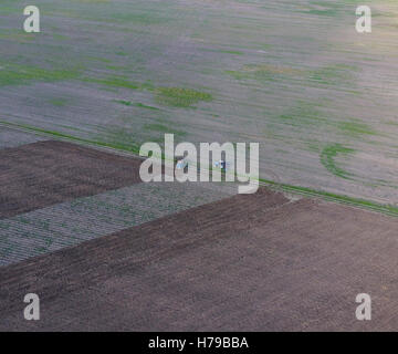 Draufsicht der Traktor, der das Feld pflügen. disking Boden. Bodenbearbeitung nach der Ernte. Stockfoto