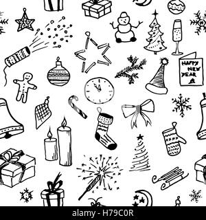 Frohe Weihnachten. Weihnachten Musterdesign. Urlaub-Hintergrund. Endlose Textur. Hand gezeichnet Doodles Abbildung. Schwarz und whi Stock Vektor