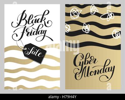 Black Friday und Cyber Montag Design auf gold Pinsel Hintergrund Stock Vektor