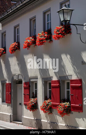 Nahaufnahme von Fenster Blumenkästen auf alte Gebäude in Rothenburg Ob der Tauber, mittelalterliche Stadt, Bayern, Deutschland Stockfoto