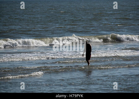 Silhouette Des Mannes Auf Der Suche Nach Muscheln In Myrtle Beach, South Carolina Stockfoto