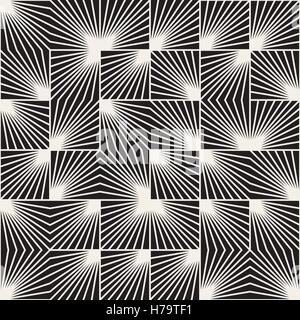 Nahtlose schwarz-weiß quadratische Vektorlinie Strahlen unregelmäßige geometrische Muster Stock Vektor