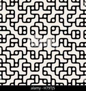 Vector Seamless schwarz weiss gerundet Labyrinth Linien Kreisen und Blöcke Muster Stock Vektor