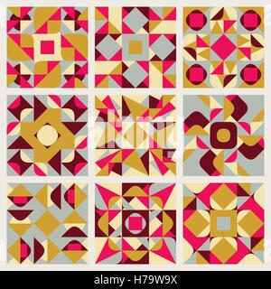 Satz von neun Vektor nahtlose rosa gelb weiß blau Retro-geometrische ethnische Square Quilt-Muster-Kollektion Stock Vektor