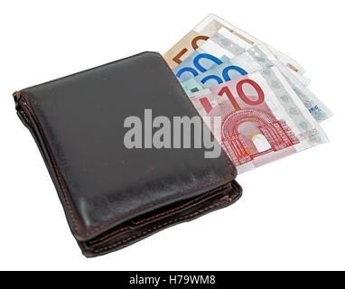 Braune Leder-Portemonnaie mit Euro-Banknoten. Stockfoto