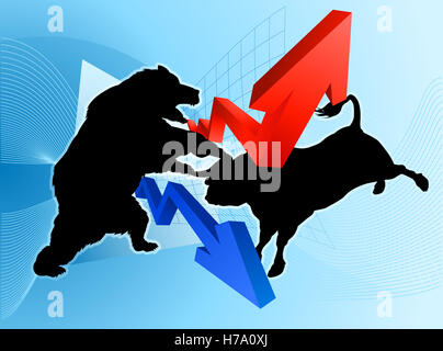 Börse-Konzept eines Silhouette Bären kämpfen ein Stier Maskottchen vor einer finanziellen oder Gewinn graph Stockfoto