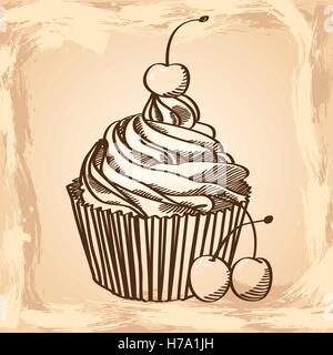 Cupcake mit Kirschen auf einem beigen Hintergrund, Illustration im retro-Stil. Stock Vektor