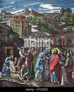 Das gleiche Freitag. Jesus hebt Lazarus. Evangelium-Illustration von Jerome Nadal (1507-1580). Farbe. Stockfoto