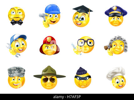 Eine Reihe von Emoji Emoticon Cartoon Charakter Gesicht Icons verschiedene Jobs oder Berufe Stockfoto