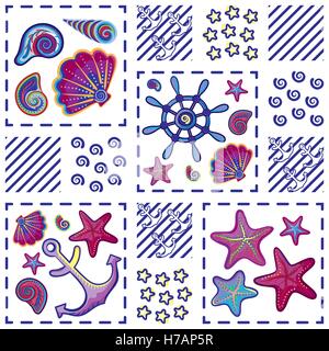 Marine Musterdesign im Patchwork-Stil mit Muscheln Seesterne Rad und Anker. Schöne Grafik Meer Hintergrund. Satz von nahtlosen marine Hintergrund. Stock Vektor