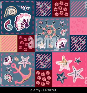 Nautische marine Patchwork-nahtlose Muster mit Muscheln, Seesternen, Anker und Rad. Patchwork-Hintergrund mit dem Meeresleben. Stock Vektor