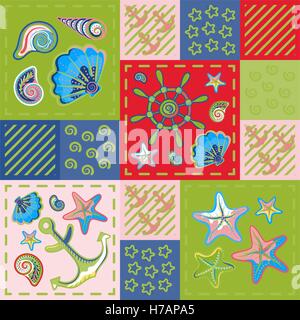 Nautische marine Patchwork-nahtlose Muster mit Muscheln, Seesternen, Anker und Rad. Patchwork-Hintergrund mit dem Meeresleben. Stock Vektor
