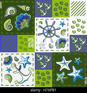 Nautische marine Patchwork-nahtlose Muster mit Muscheln, Seesternen, Anker und Rad. Patchwork-Hintergrund mit dem Meeresleben. Stock Vektor