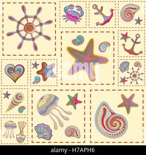 Vector Marine Seamless Pattern. Meer-Patchwork. Stock Vektor