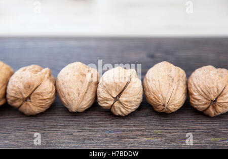 Nahaufnahme der frische Walnüsse in einer Reihe. Stockfoto