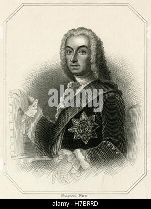 Antike c1840 Gravur, Richard Boyle, 3. Earl of Burlington. Die Rt Hon. Richard Boyle, 3. Earl of Burlington und 4. Earl of Cork, KG PC (1694-1753), in Yorkshire, England geboren. Burlington hieß "Apollo der Künste" und "der Architekt Earl." Er ist bekannt für palladianische Architektur nach Großbritannien und Irland zu bringen. Seine Großprojekte sind Burlington House, Westminster School, Chiswick House und Northwick Park. QUELLE: ORIGINAL GRAVUR. Stockfoto