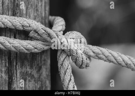 Nahaufnahme der dicken Seil Knoten um einen hölzernen Pfahl, schwarz / weiß-Ton Stockfoto