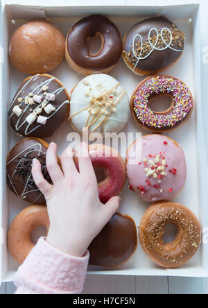 Eine Hand, eine Schachtel mit ein Dutzend Donuts einen Donut auswählen. Stockfoto