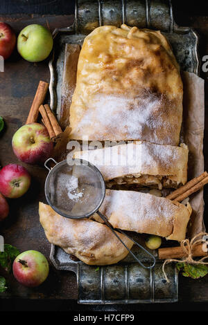 Hausgemachter Apfelstrudel, serviert mit frischen Äpfeln mit Blättern geschnitten, Zimtstangen und Puderzucker auf Vintage Metall-Tablett mit Stockfoto