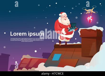Santa Claus am Dach halten entfernen Controller Drohne Lieferung vorhanden, neue Jahr Weihnachten Urlaub flach Vektor-Illustration Stock Vektor