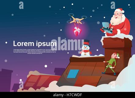 Santa Claus am Dach halten entfernen Controller Drohne Lieferung vorhanden, neue Jahr Weihnachten Urlaub flach Vektor-Illustration Stock Vektor