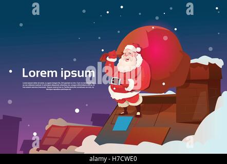 Weihnachtsmann mit Sack auf Dach Schornstein präsentieren Lieferung Weihnachten Urlaub Neujahr Banner flache Vektor-Illustration Stock Vektor